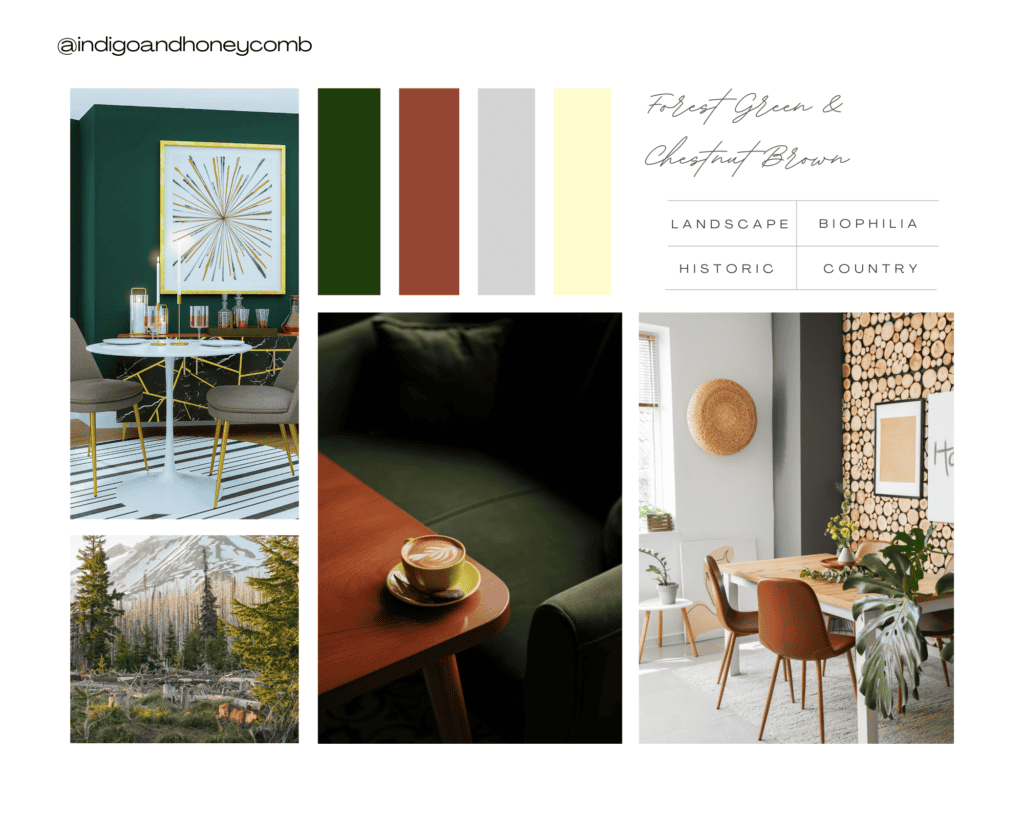 fall color palettes - forest green and chestnut brown mood board