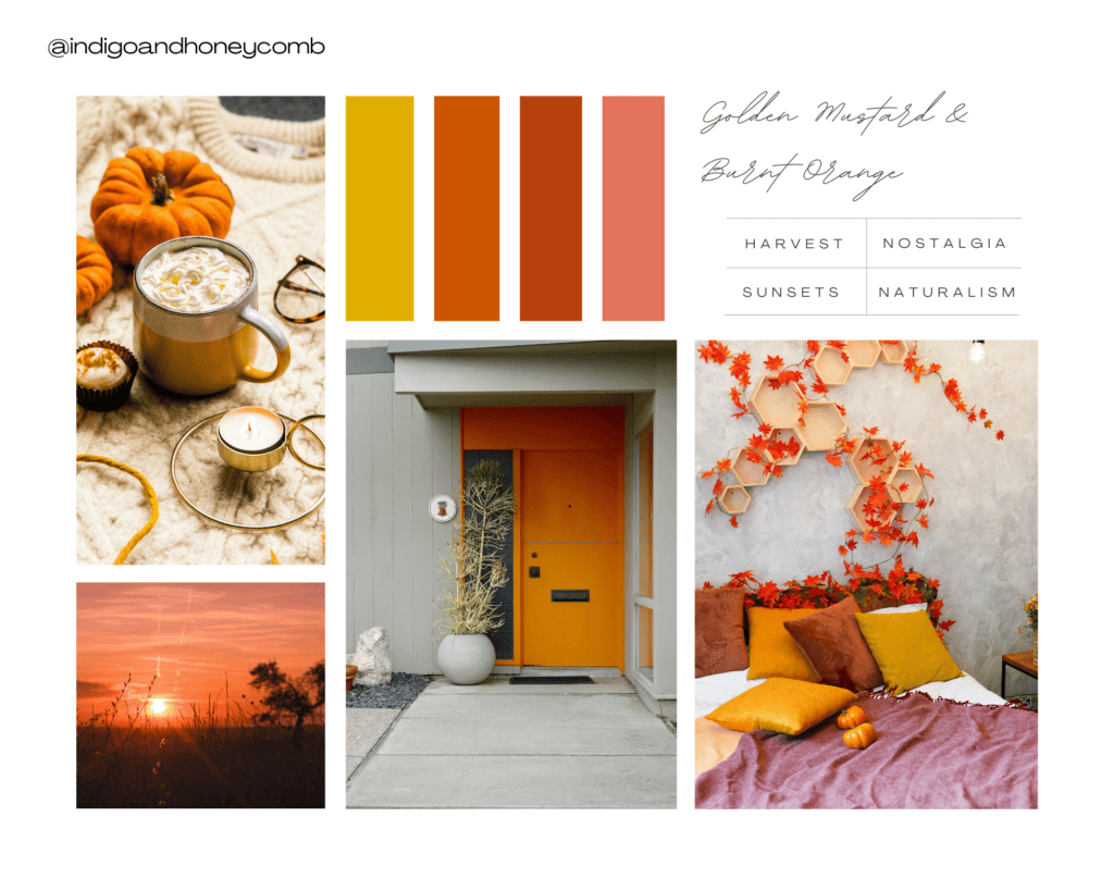 fall color palettes - golden mustard and burnt orange mood board