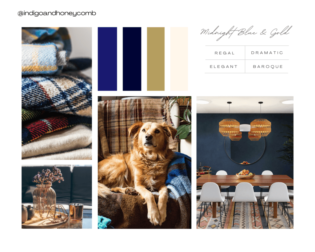 fall color palettes - midnight blue and gold mood board