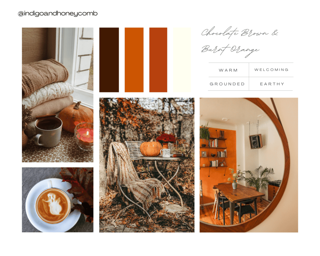 fall color palettes - chocolate brown and burnt orange mood board