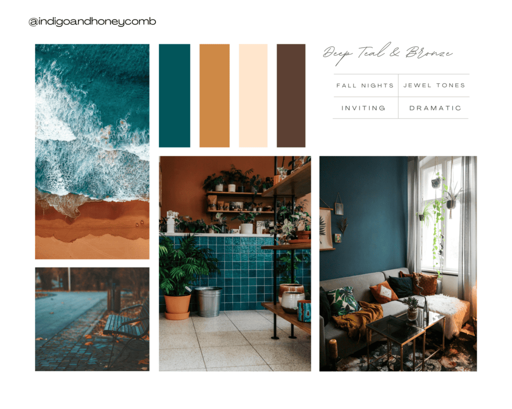 fall color palettes - deep teal and bronze mood board