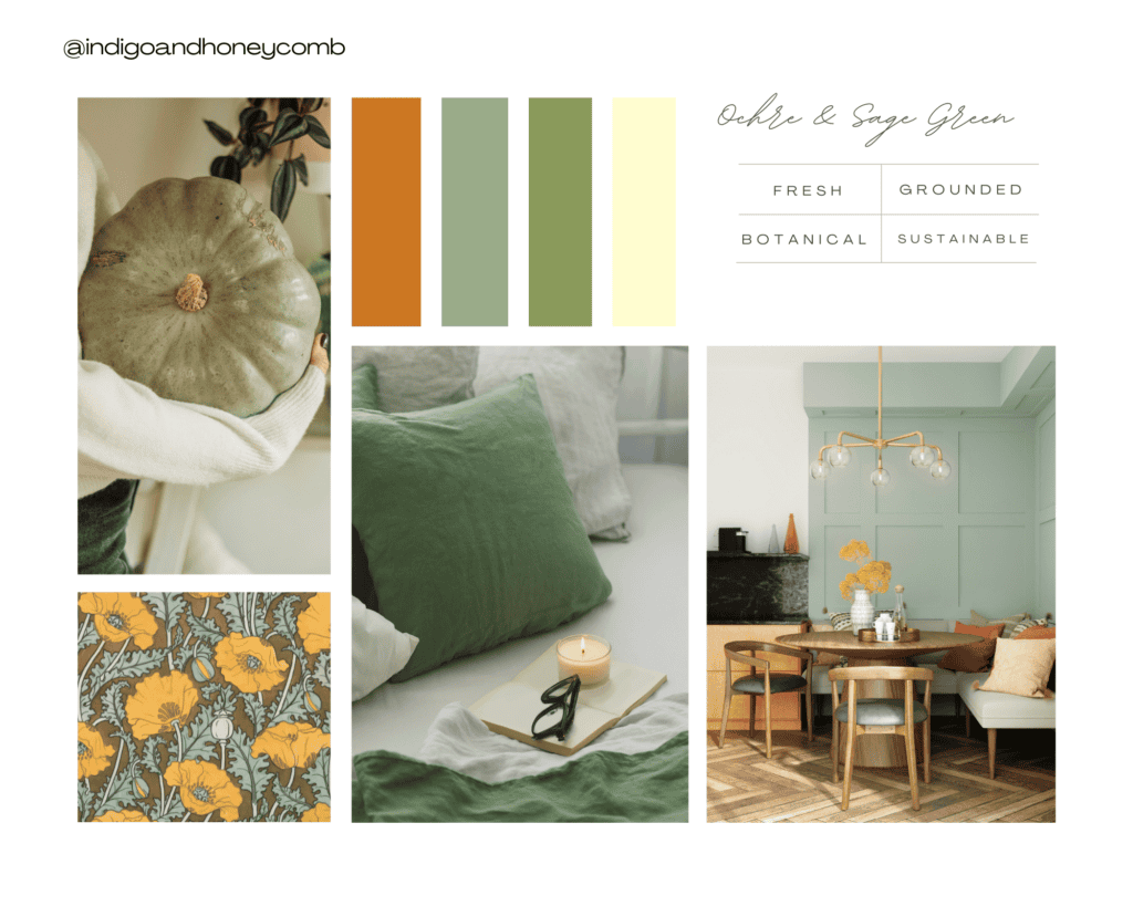 fall color palettes - ochre and sage green mood board