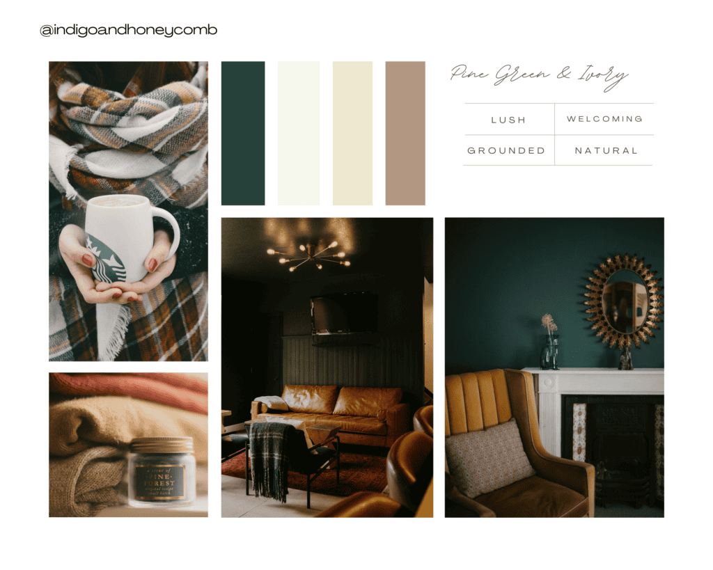 fall color palettes - pine green and ivory mood board