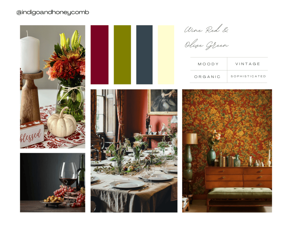 fall color palettes - wine red and olive green mood board