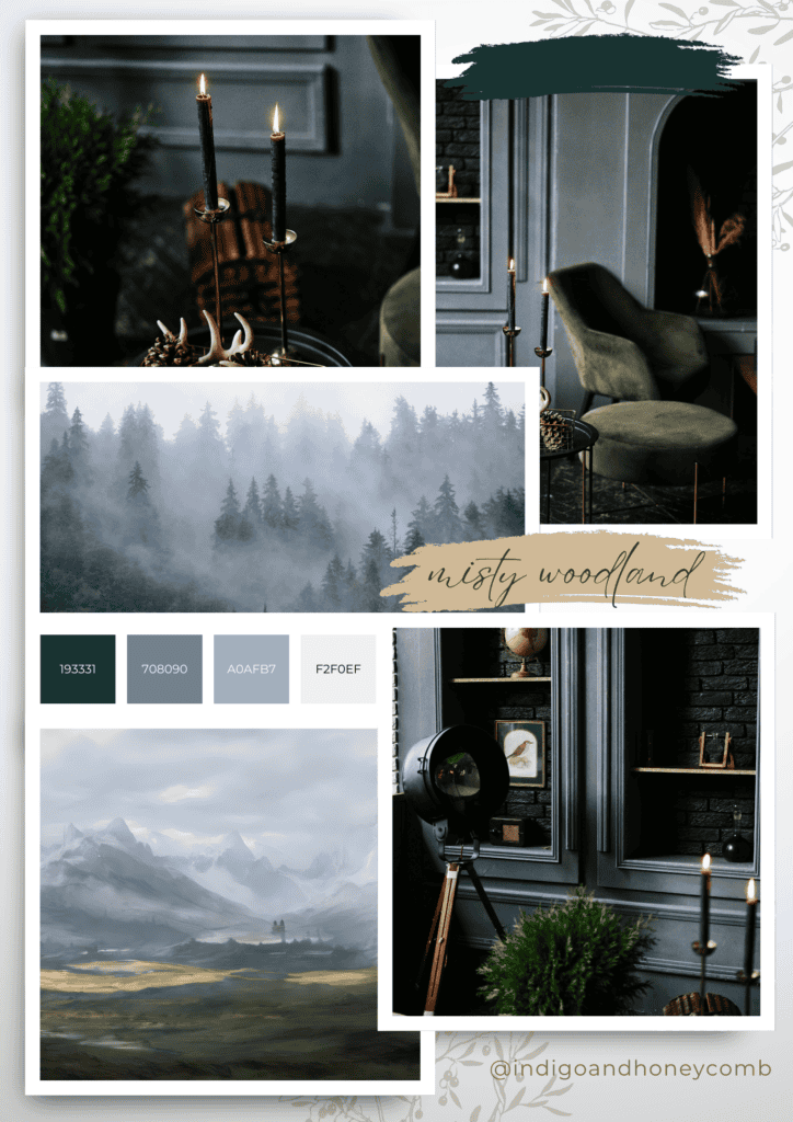 Dark Green Forest Veil Misty Woodland mood board