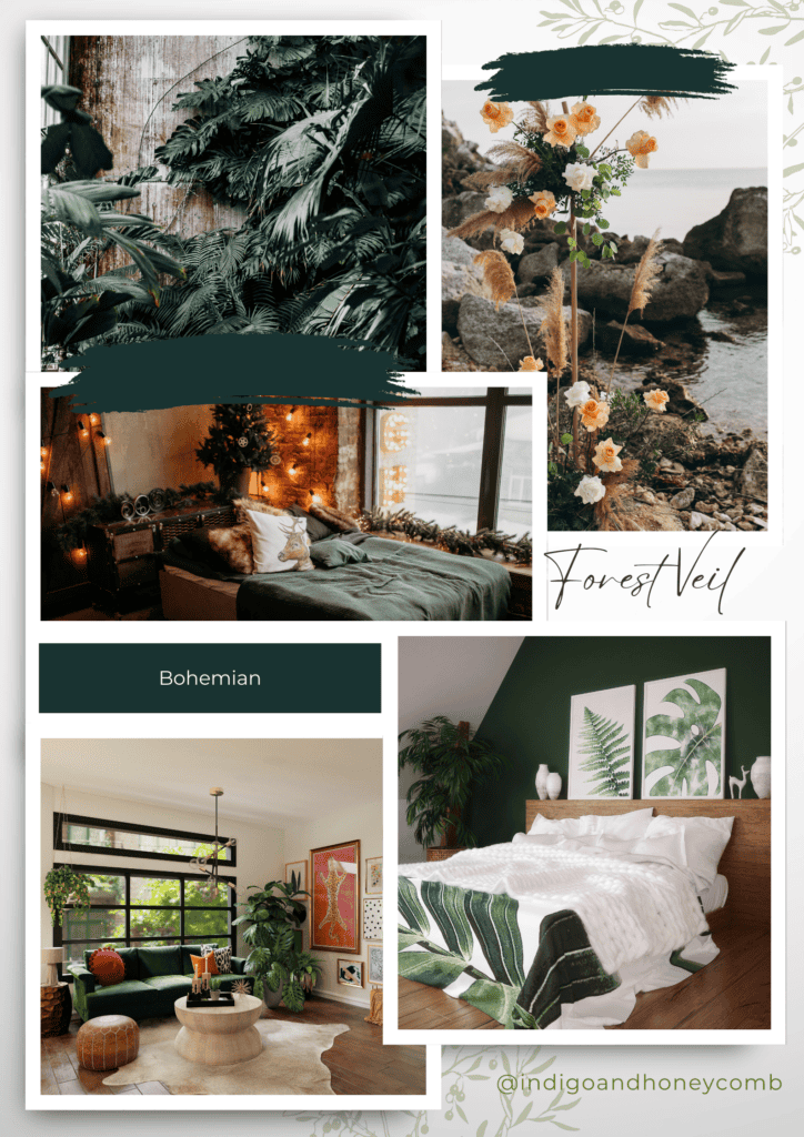 Dark Green Forest Veil November Color of the Month Bohemian Moodboard