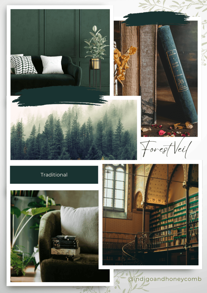 Dark Green Forest Veil November Color of the Month Traditional Moodboard