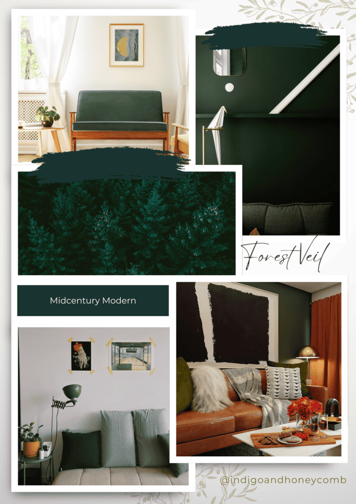 Dark Green Forest Veil Color of the Month Midcentury Modern Moodboard